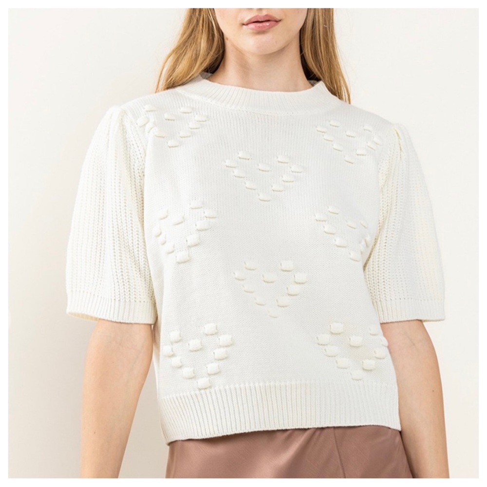 21 3D Heart Textured Balloon Sleeve Knit Sweater Top